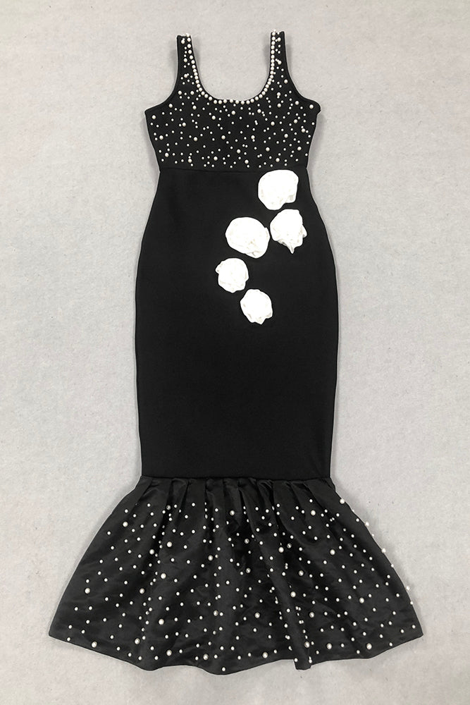 AIIZIE DORIS FLORAL PEARL EMBELLISHED MERMAID BLACK MAXI DRESS - product image