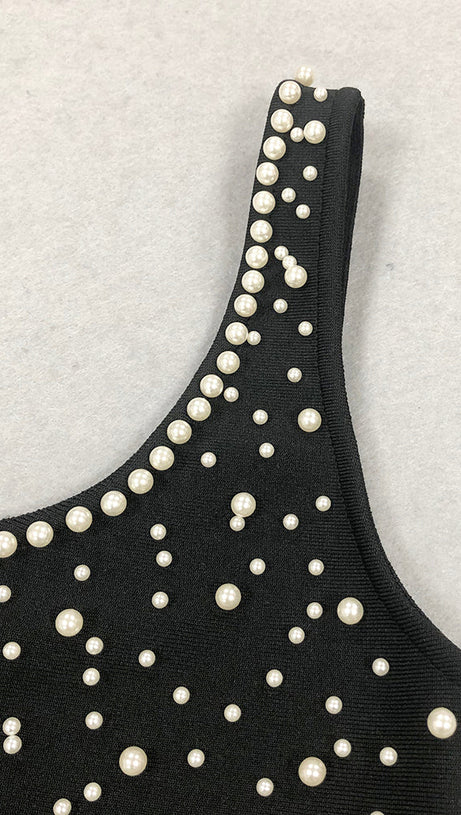 DORIS FLORAL PEARL EMBELLISHED MERMAID BLACK MAXI DRESS