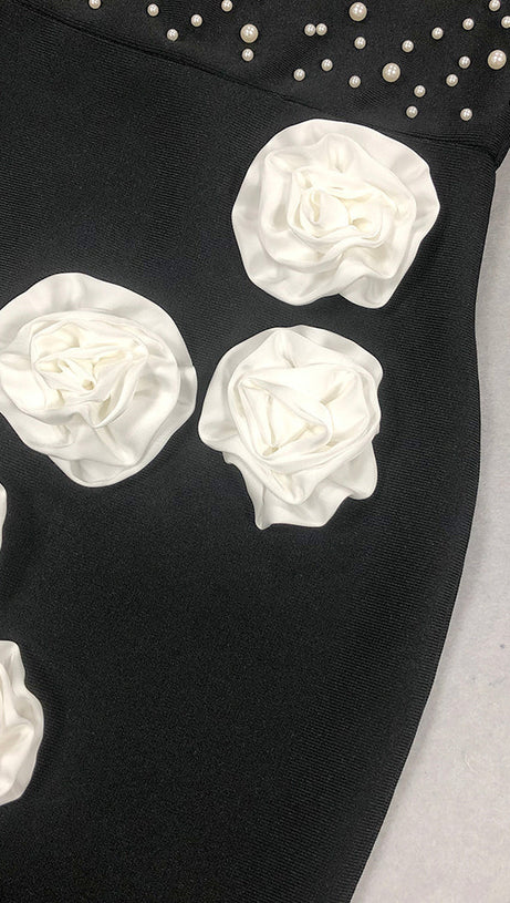 DORIS FLORAL PEARL EMBELLISHED MERMAID BLACK MAXI DRESS