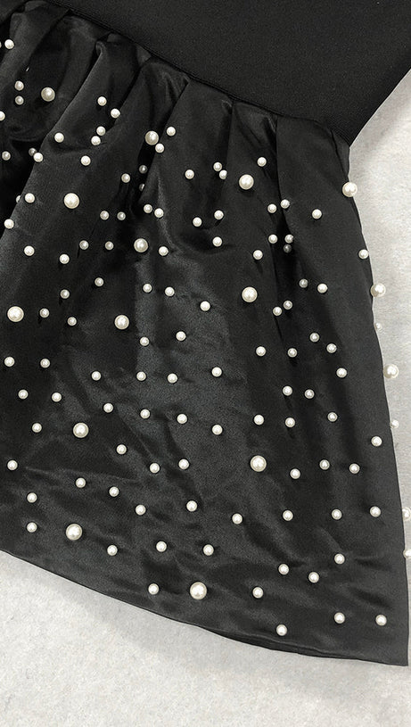 DORIS FLORAL PEARL EMBELLISHED MERMAID BLACK MAXI DRESS