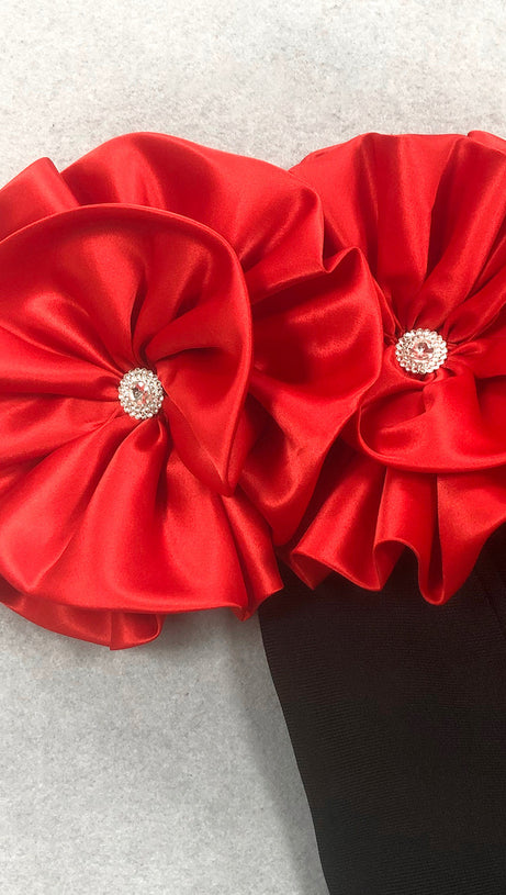 RED FLOWER EMBELLISHED STRAPLESS BANDAGE MAXI DRESS