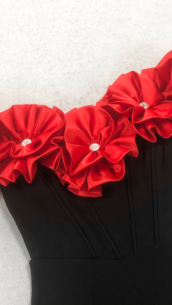 AIIZIE RED FLOWER EMBELLISHED STRAPLESS BANDAGE MAXI DRESS - product image