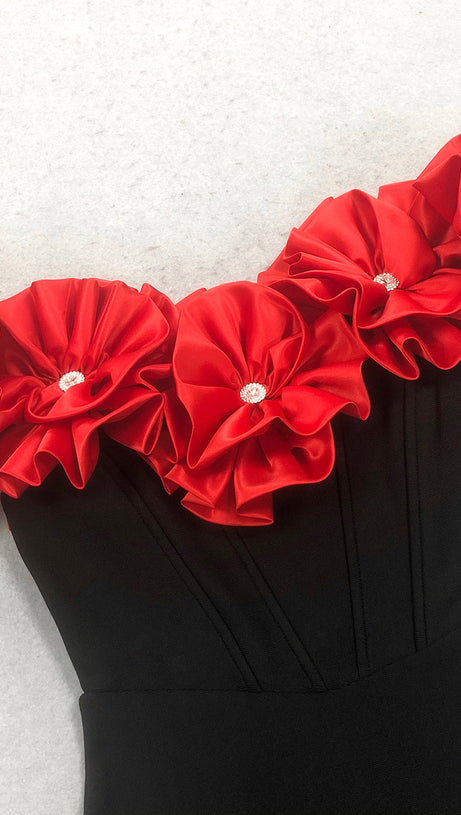 RED FLOWER EMBELLISHED STRAPLESS BANDAGE MAXI DRESS