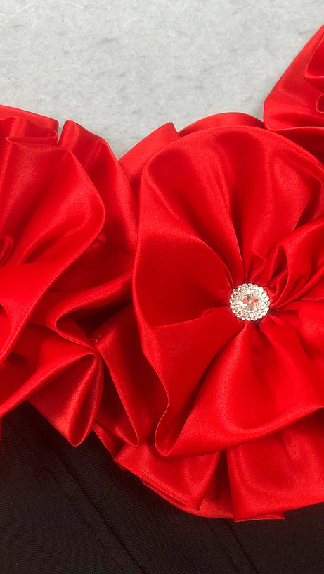 RED FLOWER EMBELLISHED STRAPLESS BANDAGE MAXI DRESS