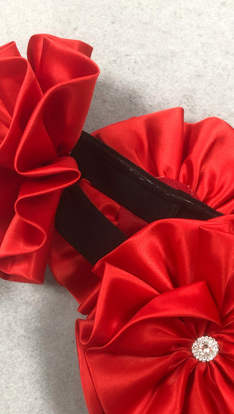 RED FLOWER EMBELLISHED STRAPLESS BANDAGE MAXI DRESS