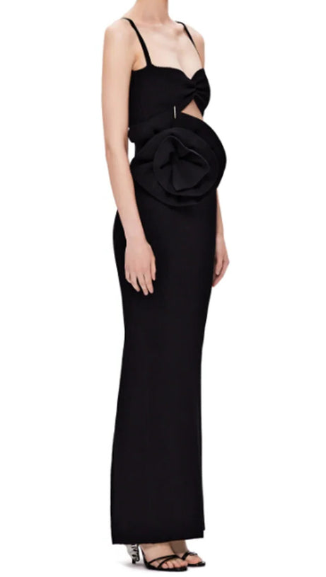 BLACK KNIT SUIT STRIPE TOP SKIRT WITH SLIT FLOWER