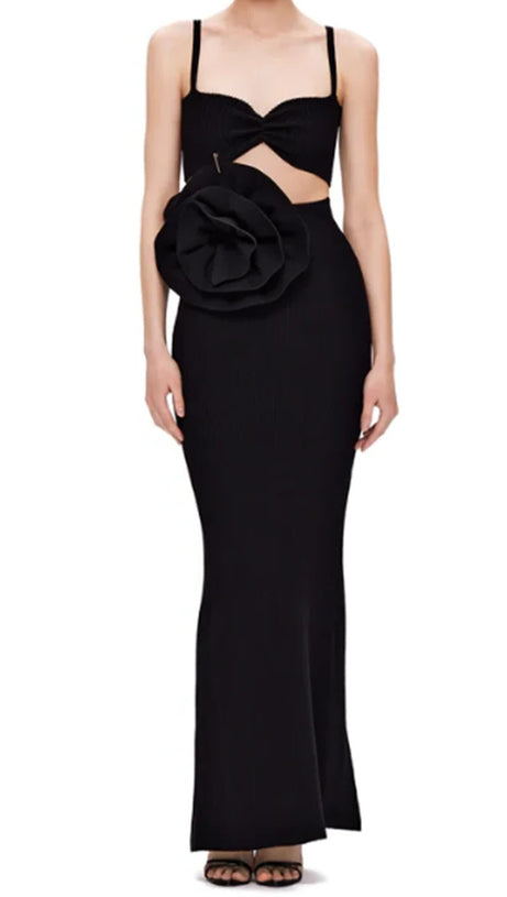 BLACK KNIT SUIT STRIPE TOP SKIRT WITH SLIT FLOWER