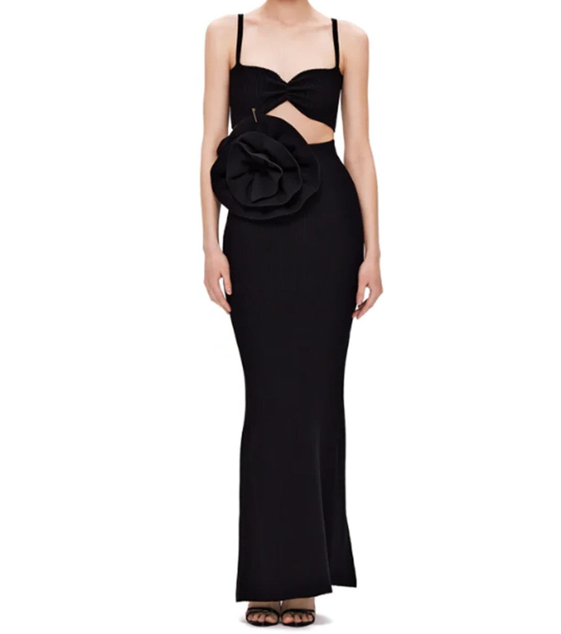 BLACK KNIT SUIT STRIPE TOP SKIRT WITH SLIT FLOWER