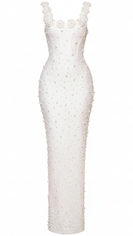 HABIBA WHITE PEARL & FLORAL BEADED BANDAGE MAXI GOWN
