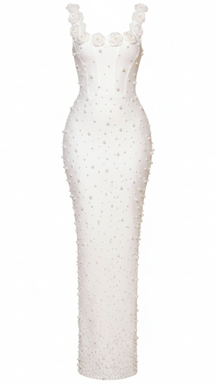 HABIBA WHITE PEARL & FLORAL BEADED BANDAGE MAXI GOWN