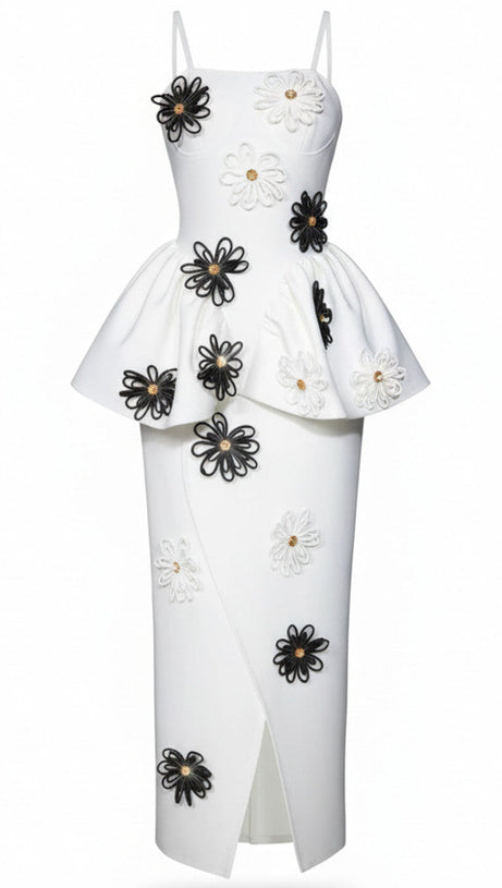BLOOM IN ELEGANCE: HADA WHITE FLORAL PEPLOM MIDI DRESS WITH 3D EMBELLISHMENTS