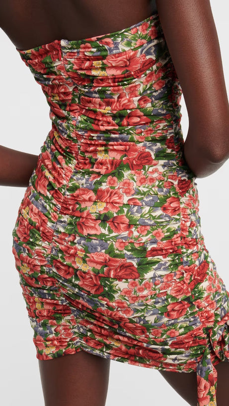 ABITO FLOREALE DRAPPEGGIATO CON TAGLIO SENZA SPALLINE 