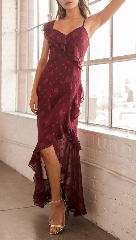 BURGUNDY FLORAL JACQUARD RUFFLED MAXI DRESS