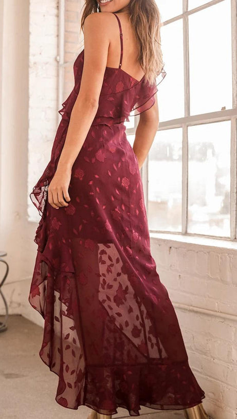 BURGUNDY FLORAL JACQUARD RUFFLED MAXI DRESS