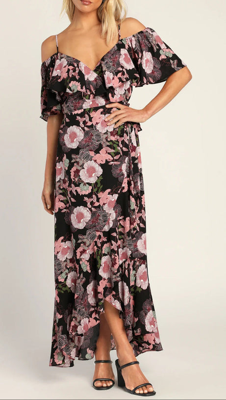 Schulterfreies Maxi-Wickelkleid mit Bloomed-Blumenmuster in Schwarz