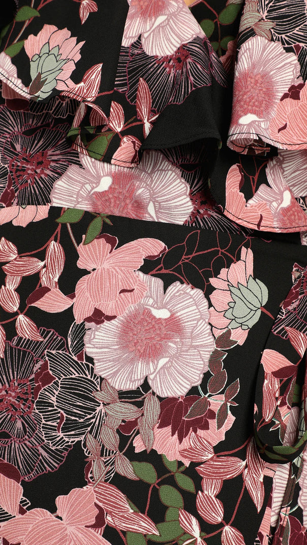 AIIZIE BLOOMED FLORAL OFF-THE-SHOULDER MAXI WRAP DRESS IN BLACK - product image