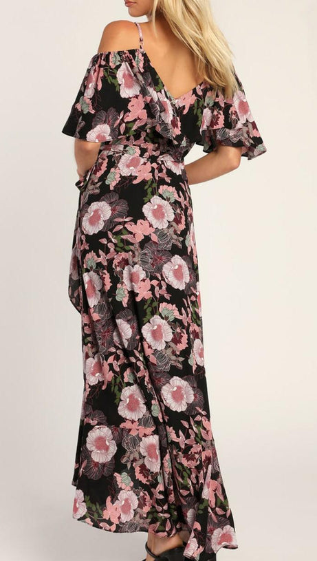 Schulterfreies Maxi-Wickelkleid mit Bloomed-Blumenmuster in Schwarz