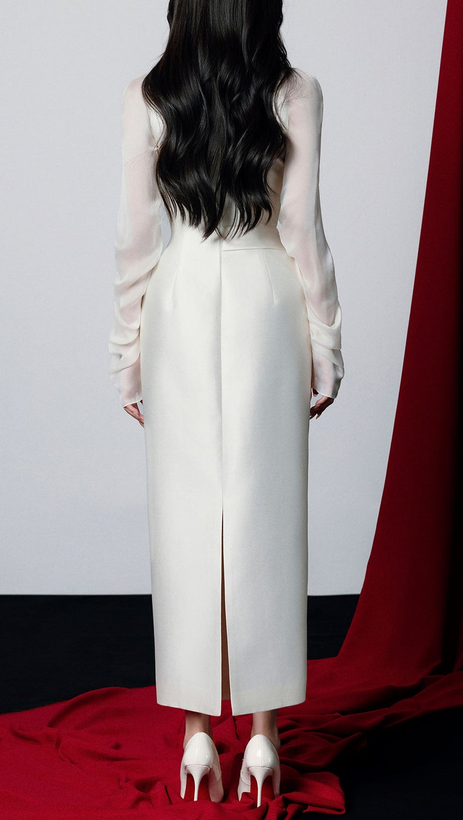 griselda Boat Neck Gathered Midi Dress in ivory