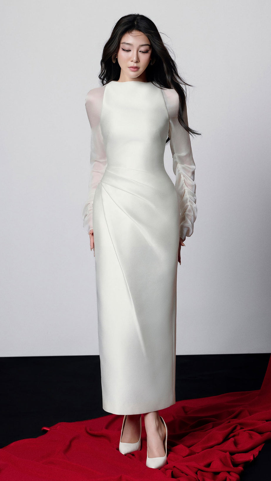griselda Boat Neck Gathered Midi Dress in ivory