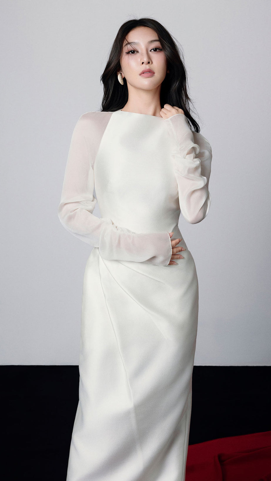 griselda Boat Neck Gathered Midi Dress in ivory