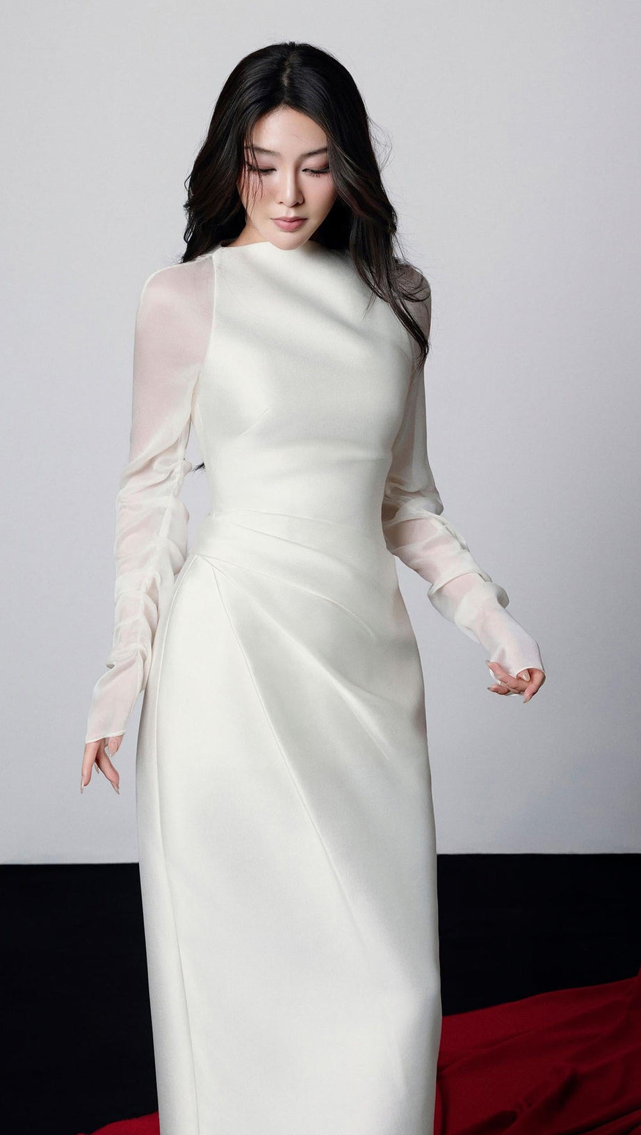 griselda Boat Neck Gathered Midi Dress in ivory