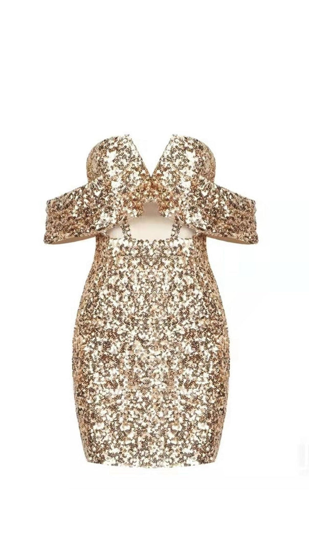 GOLDENES TRÄGERLOSES MINIKLEID MIT PAILLETTEN