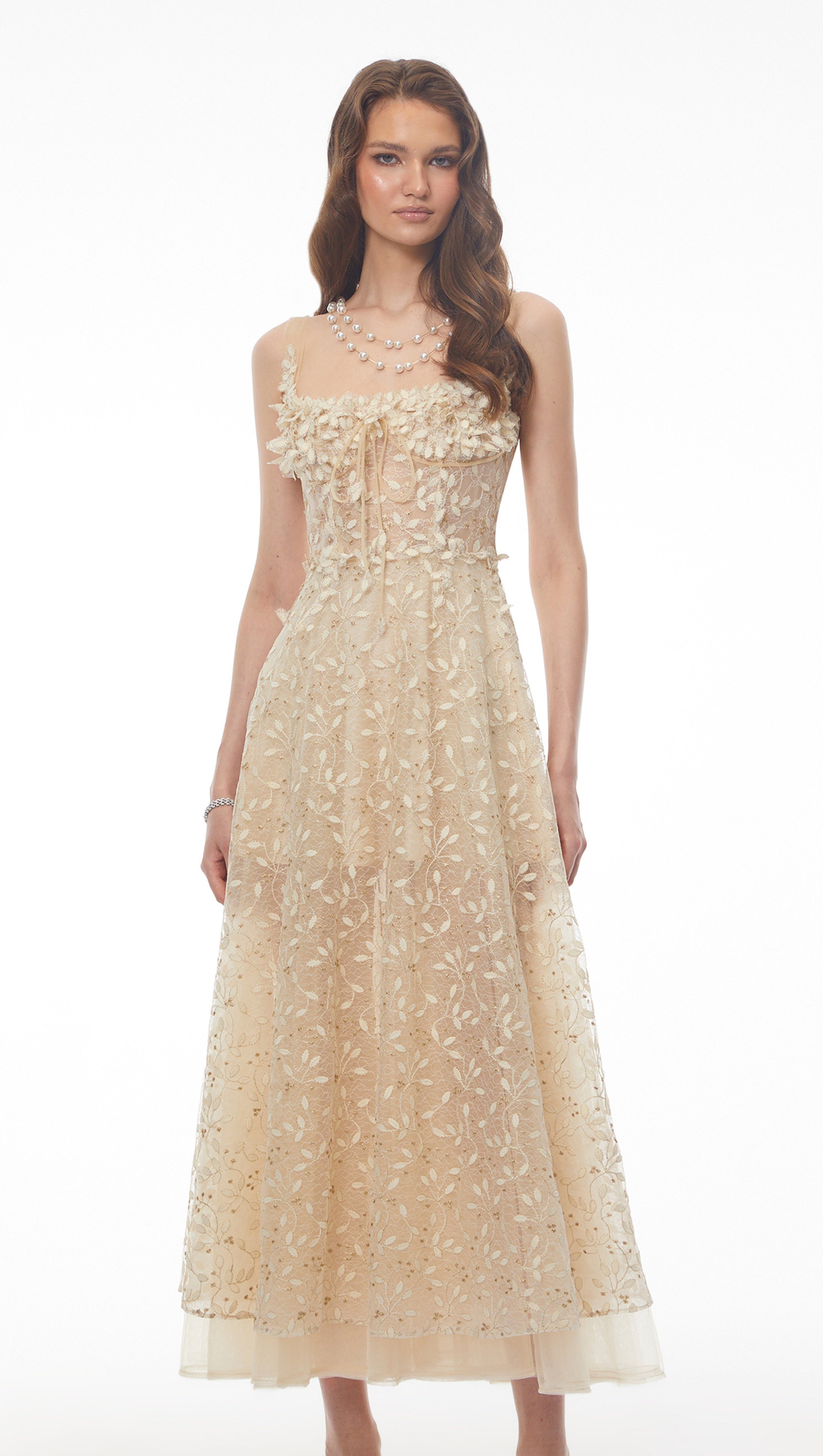 Gabriella Champagne Tulle Maxi Dress with 3D Petals