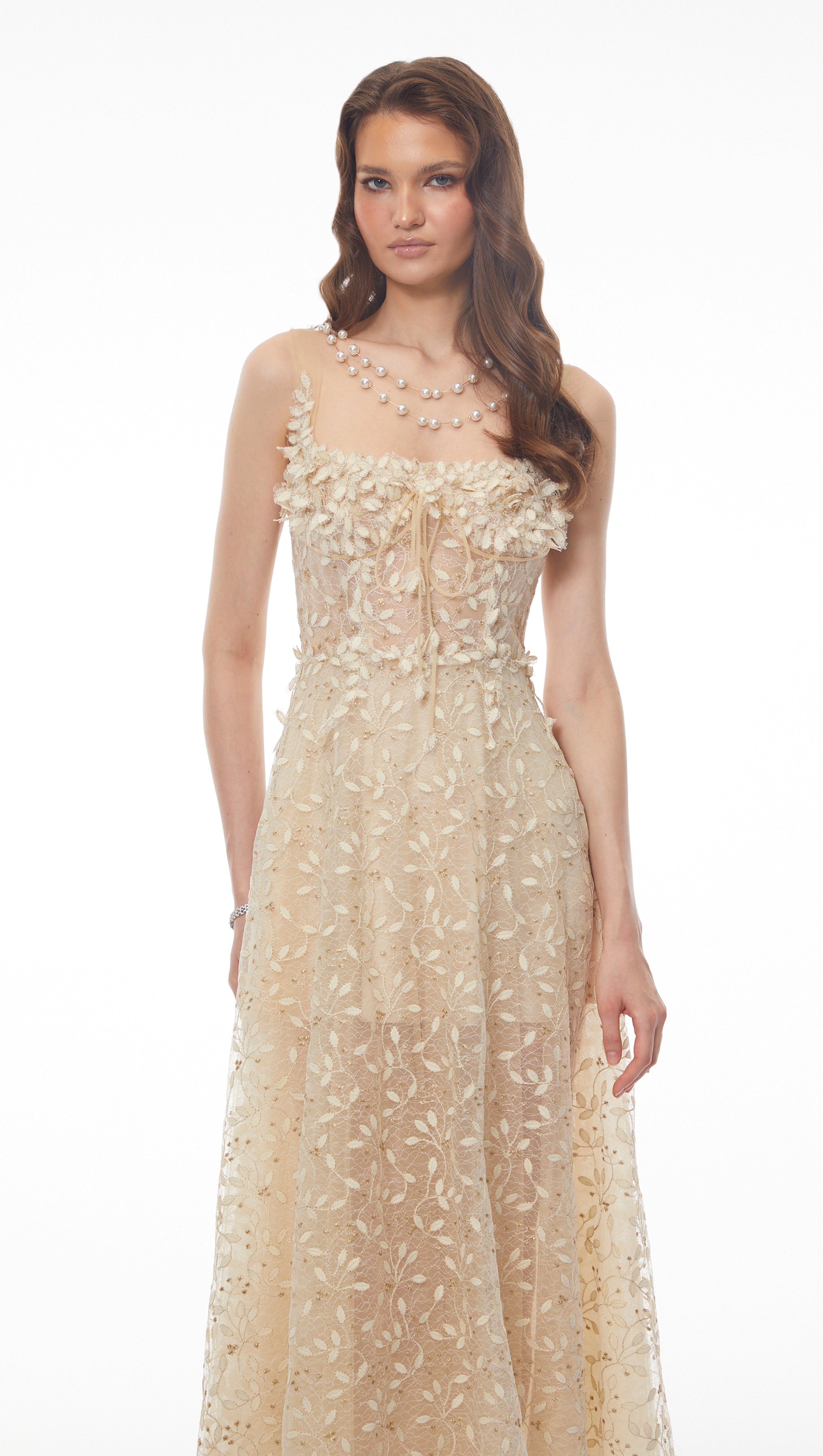 Gabriella Champagne Tulle Maxi Dress with 3D Petals