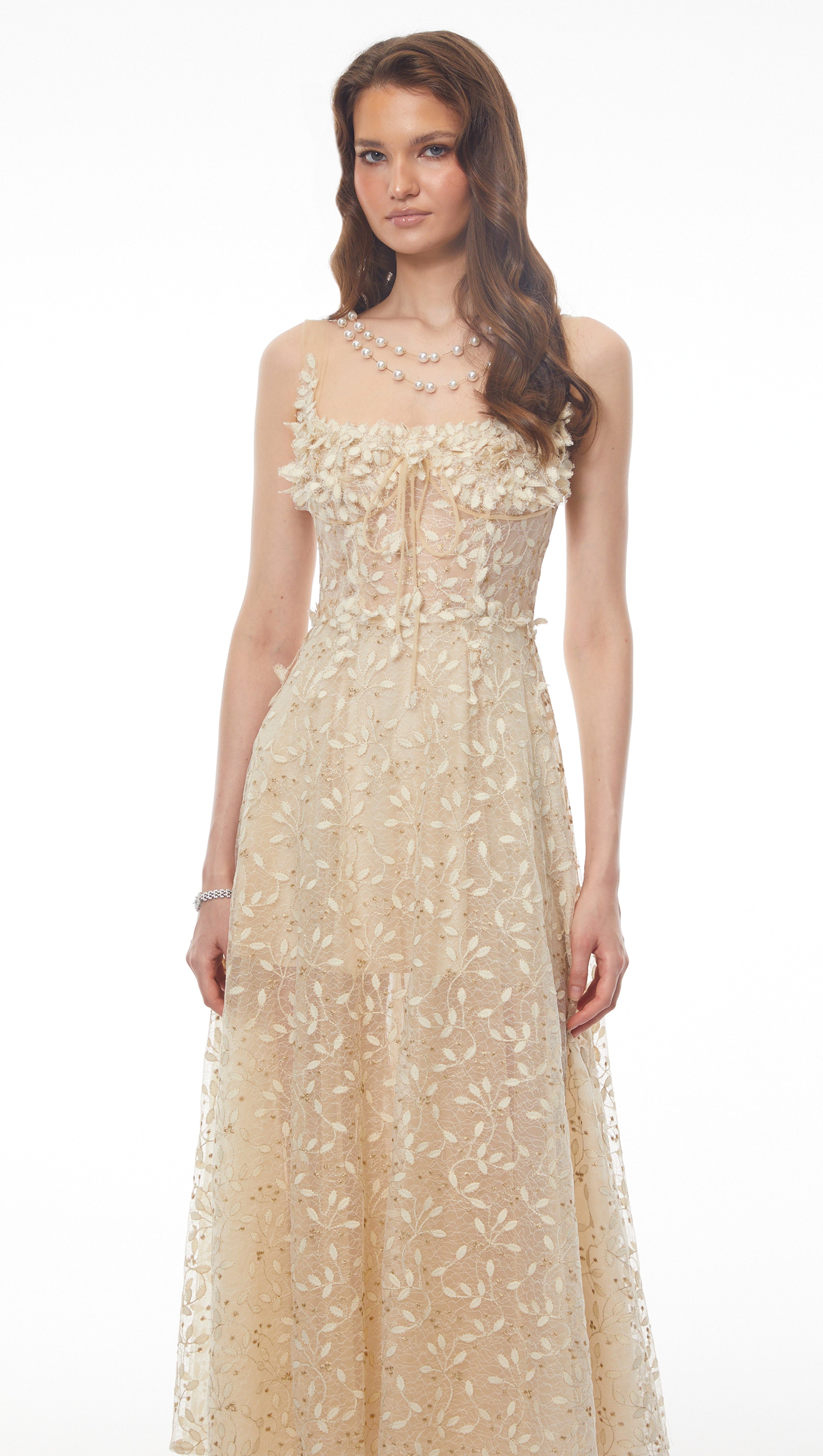 Gabriella Champagne Tulle Maxi Dress with 3D Petals