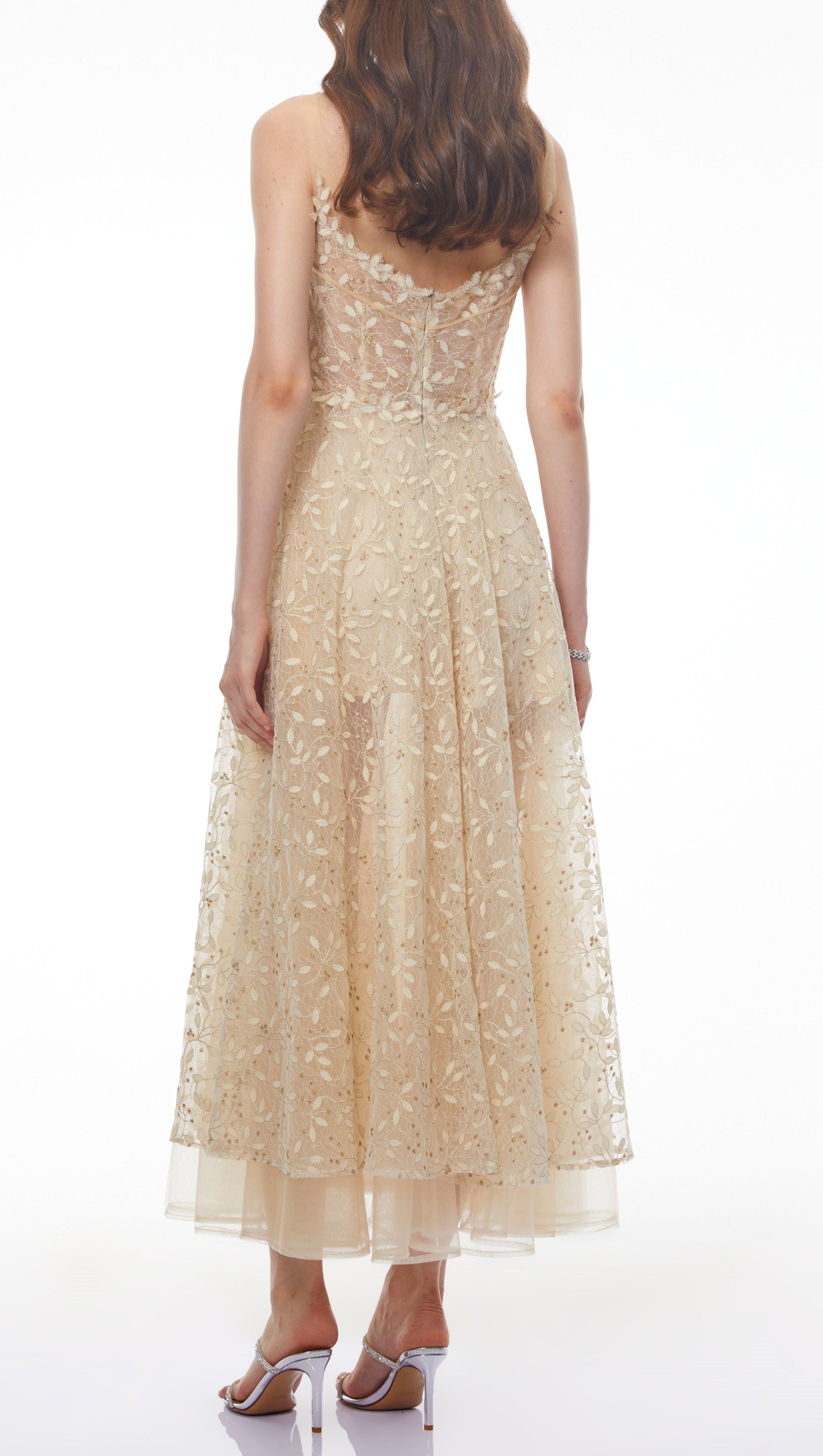 Gabriella Champagne Tulle Maxi Dress with 3D Petals