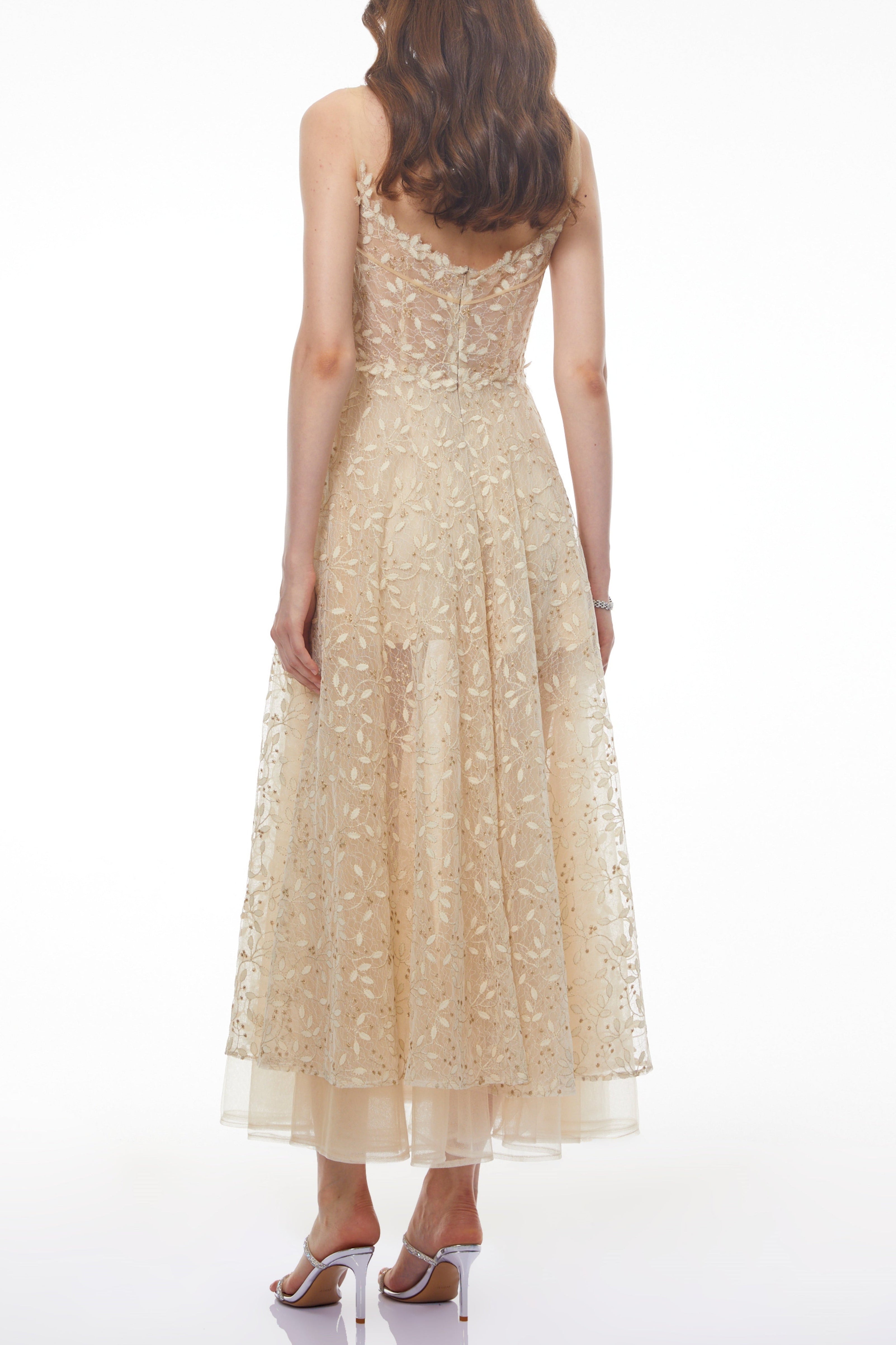 Gabriella Champagne Tulle Maxi Dress with 3D Petals