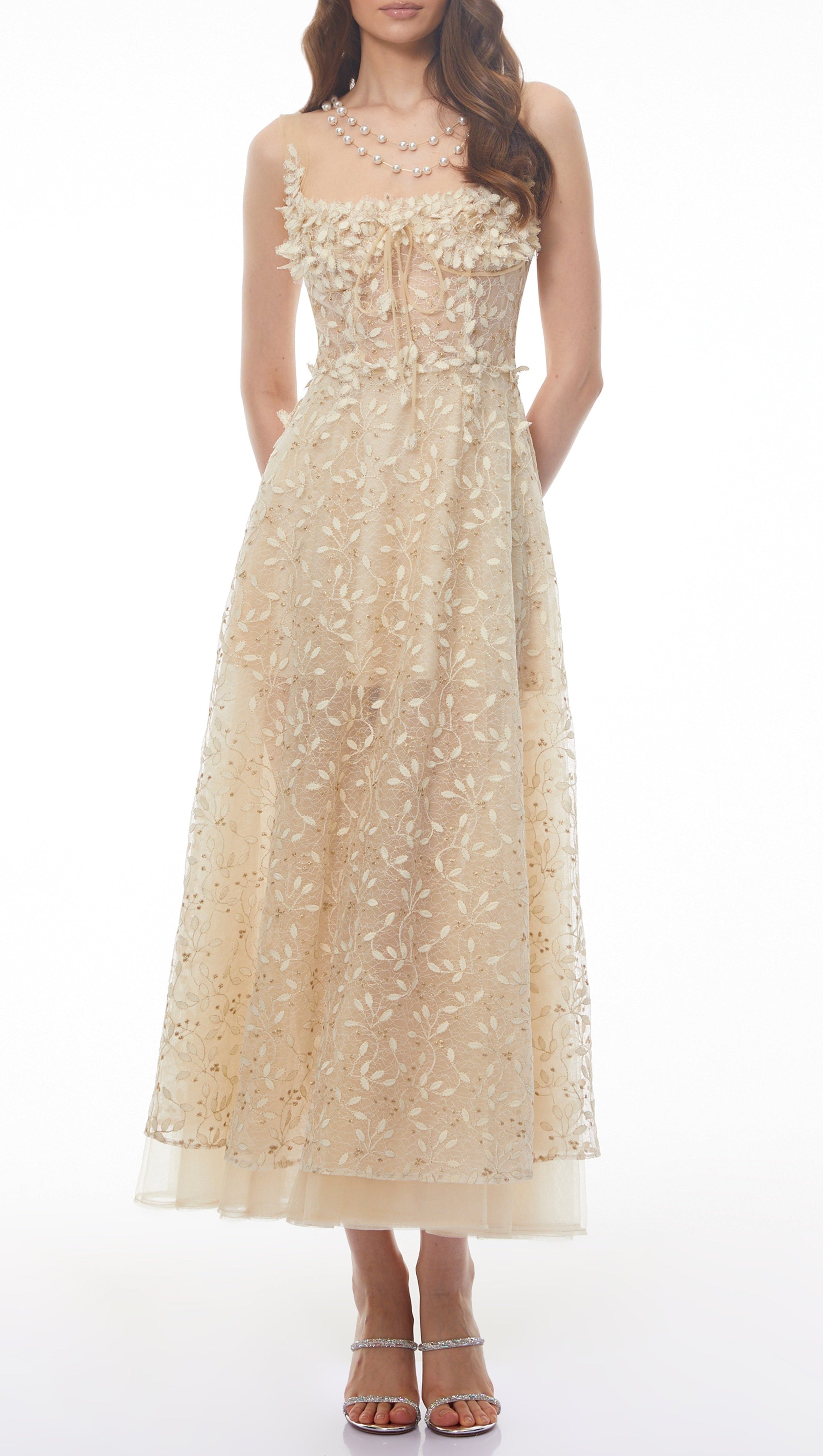 Gabriella Champagne Tulle Maxi Dress with 3D Petals