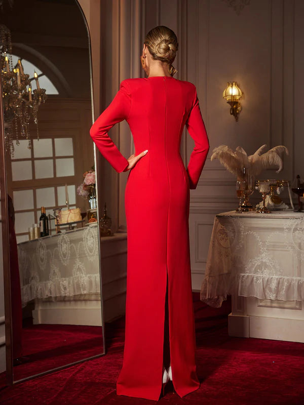 LONG SLEEVE HEART CUTOUT MAXI DRESS IN RED