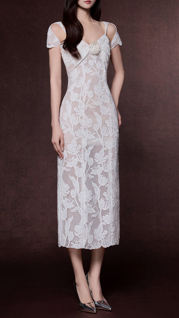 AIIZIE phoenix floral Applique hollow lace Midi Dress - white - product image