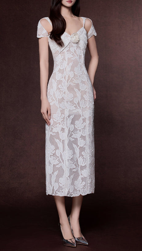 phoenix floral Applique hollow lace Midi Dress - white