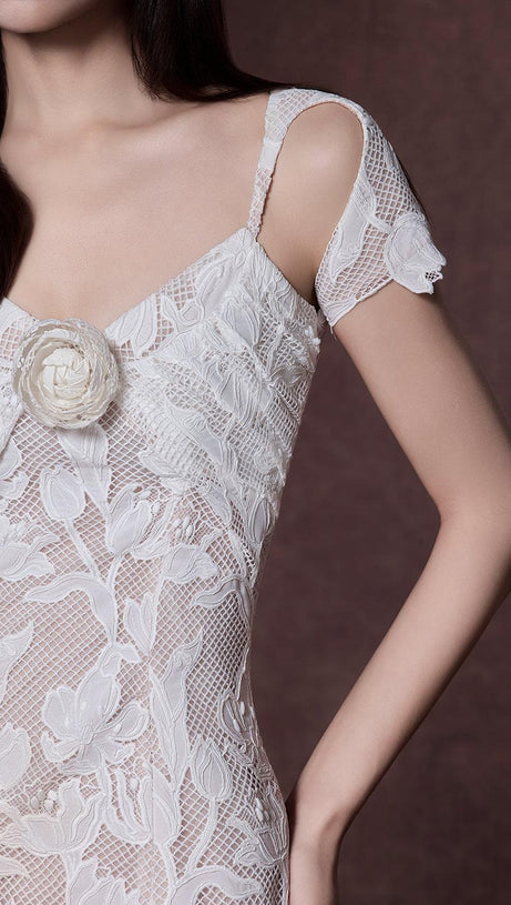phoenix floral Applique hollow lace Midi Dress - white