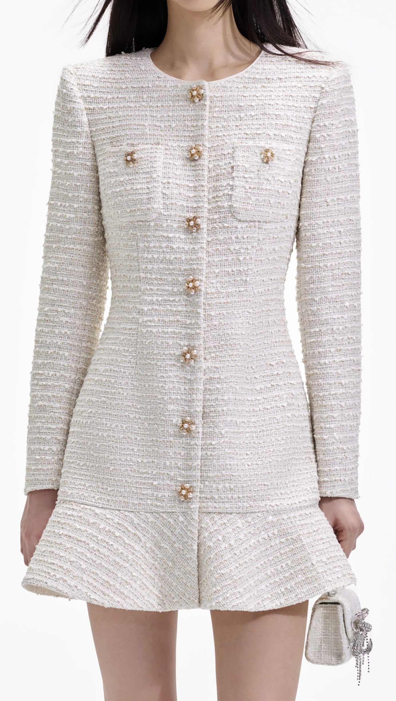GOLD BOUCLE LONG SLEEVE MINI DRESS