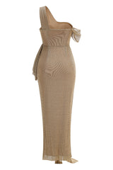 One Shoulder Draped Metallic Gown