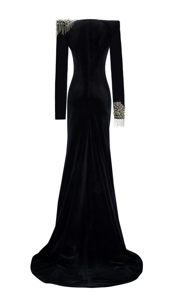 AIIZIE EMBROIDERED VELVET MAXI DRESS IN BLACK - product image
