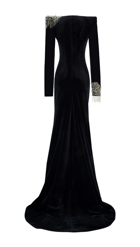 EMBROIDERED VELVET MAXI DRESS IN BLACK