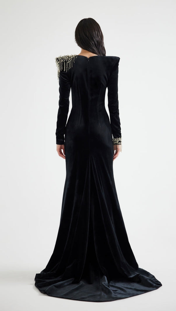 AIIZIE EMBROIDERED VELVET MAXI DRESS IN BLACK - product image