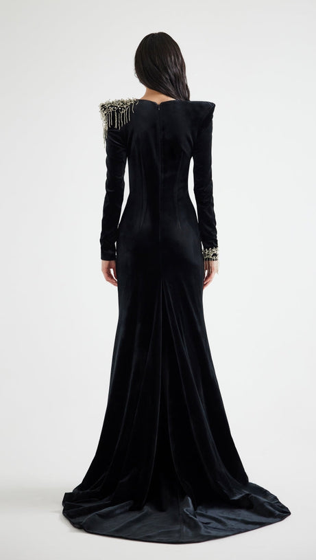 EMBROIDERED VELVET MAXI DRESS IN BLACK