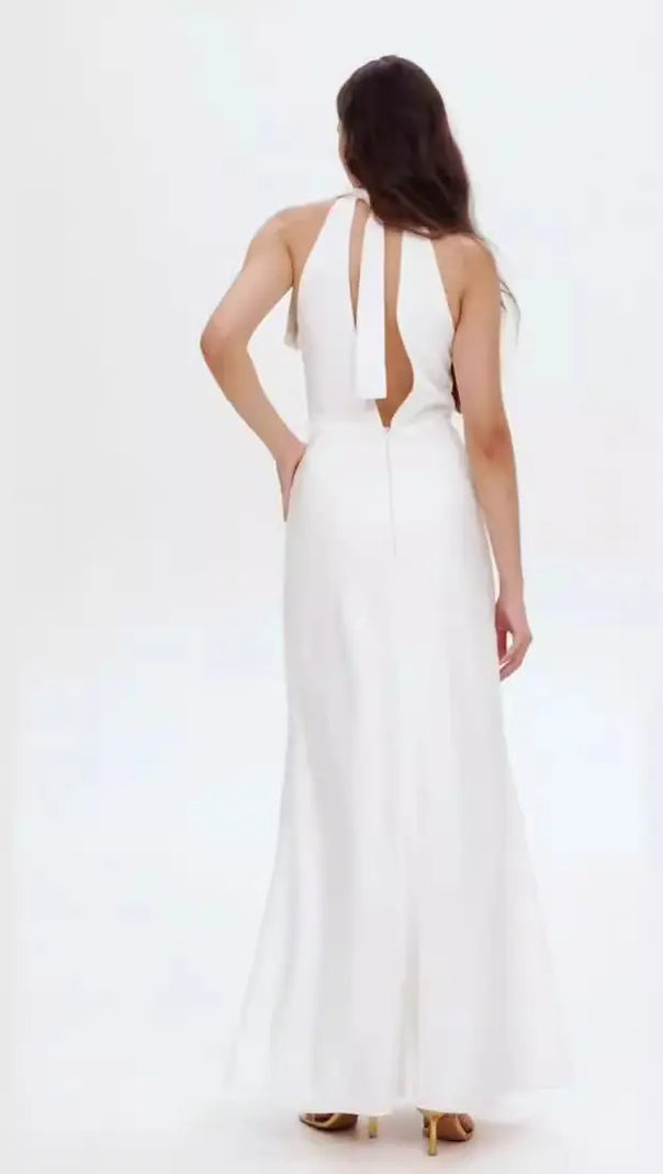 RACHEL WHITE HALTER SATIN BACK CUTOUT MAXI DRESS