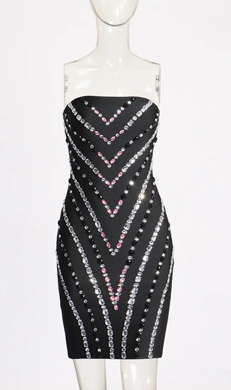 TRÄGERLOSES, figurbetontes Minikleid „Fredea“ mit Strass-Patchwork