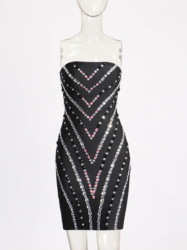 FREDA RHINESTONE PATCHWORK STRAPLESS BODYCON MINI DRESS