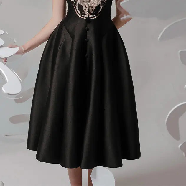 VANESSA EMBROIDERY PATCHWORK MIDI DRESS IN BLACK