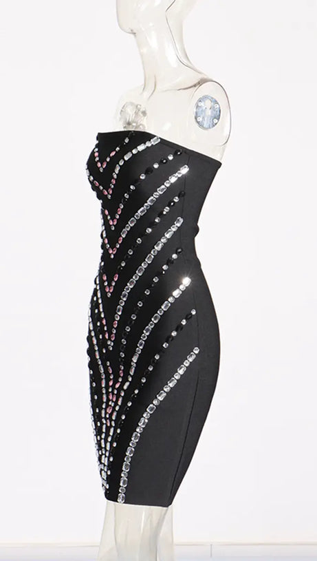FREDA RHINESTONE PATCHWORK STRAPLESS BODYCON MINI DRESS