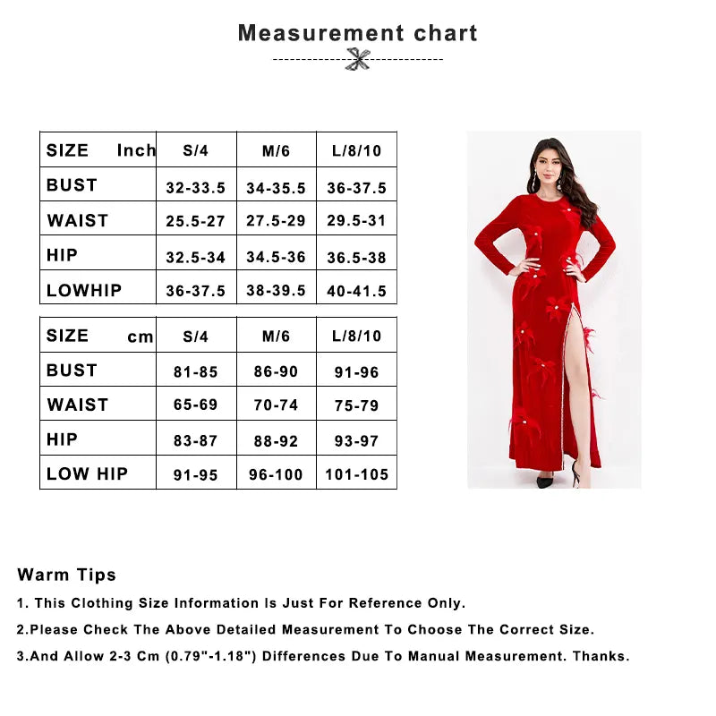 3D FEATHER FLOWER VELVET MAXI DRESS IN RED