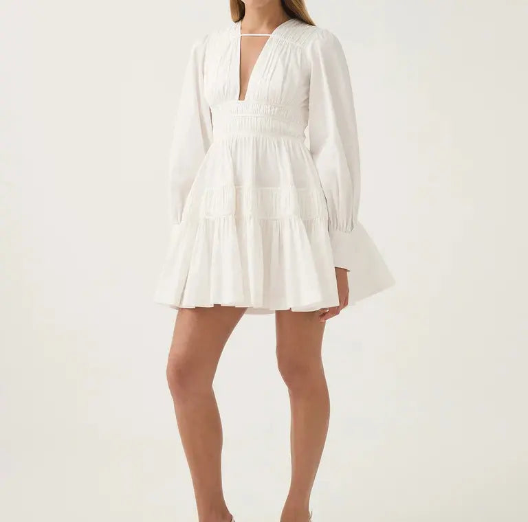 VALERIE FALLINGWATER RUCHED MINI DRESS IN WHITE