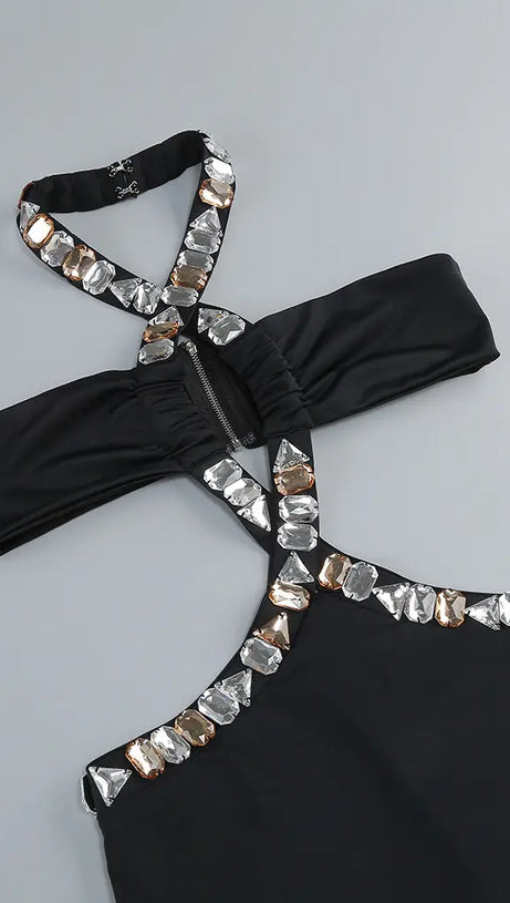 ADELA CRYSTAL EMBELLISHMENT HALTER NECK BLACK MAXI DRESS